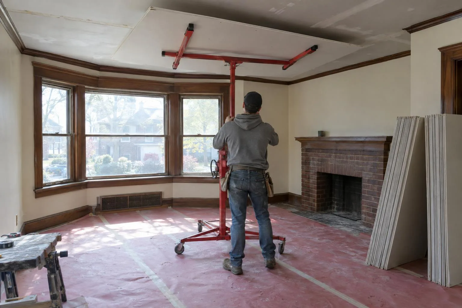 Worker raising a sheet of drywall to a living-room ceiling on a red drywall lift, with a brick fireplace and bay windows behind him