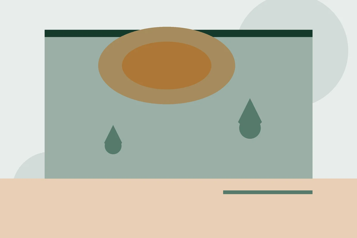 Illustration of a water stain spreading on a drywall ceiling with drops falling
