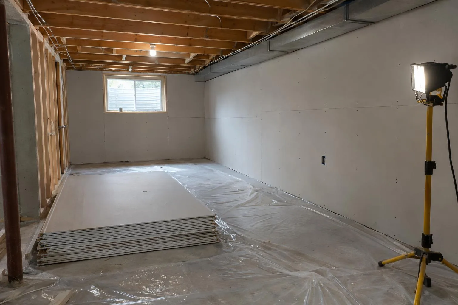 Framed basement with new drywall screwed to the walls, a stack of sheets on a plastic-covered floor and a work light on a stand